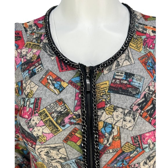 RARE/HTF Comic Print Y Apparel USA puff shoulder Zip Up Peplum Cardigan Sz Md - Picture 5 of 15